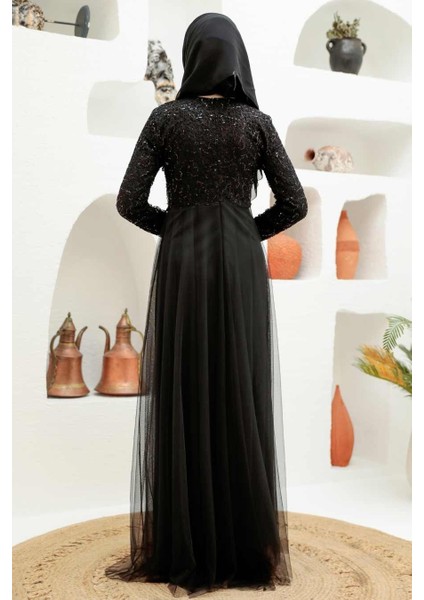 - Boncuk Işlemeli Siyah Tesettür Abiye Elbise 9160S modelleri