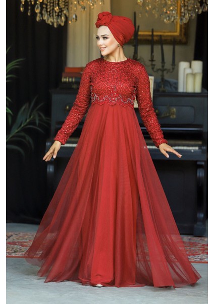 - Boncuk Işlemeli Bordo Tesettür Abiye Elbise 9160BR