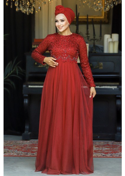 - Boncuk Işlemeli Bordo Tesettür Abiye Elbise 9160BR modelleri
