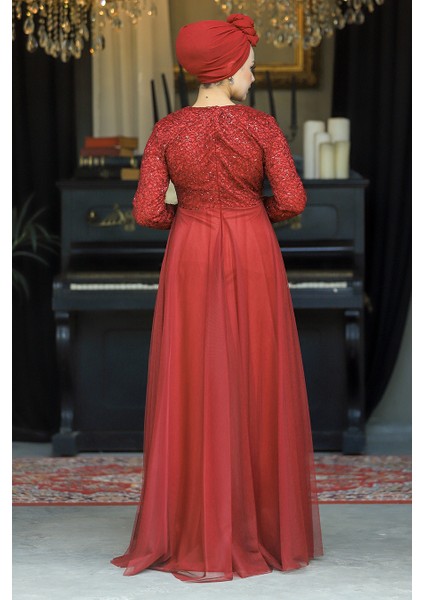 - Boncuk Işlemeli Bordo Tesettür Abiye Elbise 9160BR fırsatları