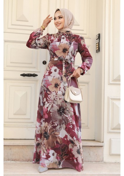 - Çiçek Desenli Vişne Tesettür Elbise 27925VSN