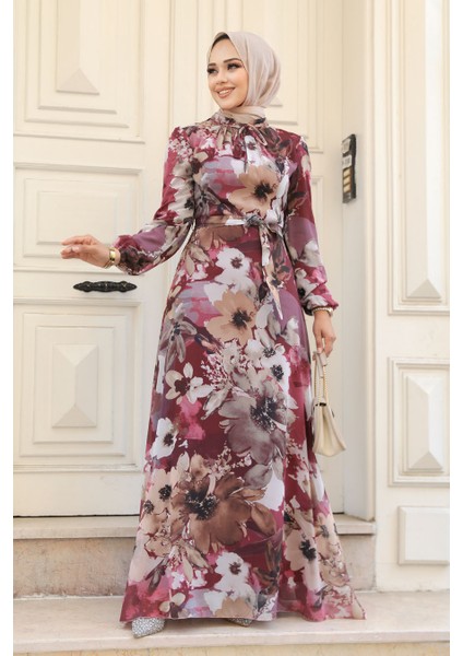 - Çiçek Desenli Vişne Tesettür Elbise 27925VSN fiyatları
