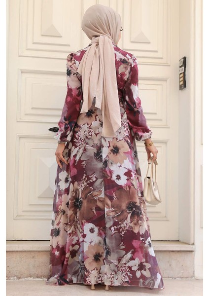 - Çiçek Desenli Vişne Tesettür Elbise 27925VSN modelleri