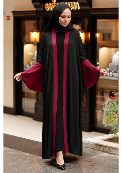 Neva Style - Kolları Detaylı Bordo Tesettür Abaya 55510BR