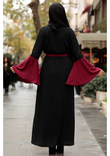 Neva Style - Kolları Detaylı Bordo Tesettür Abaya 55510BR fiyatları