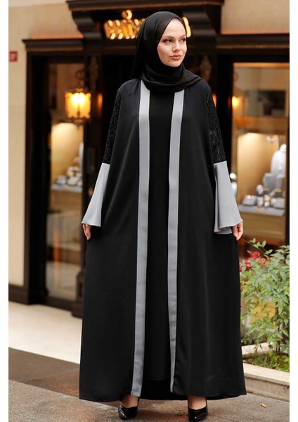Neva Style - Kolları Detaylı Gri Tesettür Abaya 55510GR