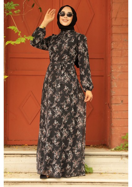 Çiçek Desenli Siyah Tesettür Elbise 279047S fiyatları