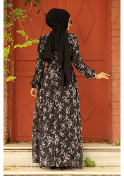 Çiçek Desenli Siyah Tesettür Elbise 279047S modelleri