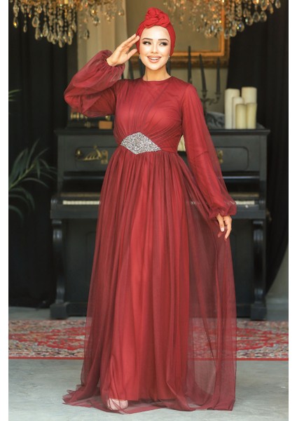 Tesettürlü Abiye Elbise - Tüllü Bordo Tesettür Abiye Elbise 54230BR