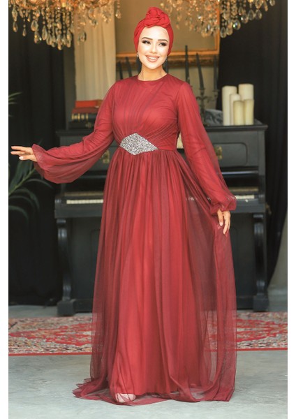 Tesettürlü Abiye Elbise - Tüllü Bordo Tesettür Abiye Elbise 54230BR fiyatları