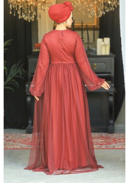 Tesettürlü Abiye Elbise - Tüllü Bordo Tesettür Abiye Elbise 54230BR modelleri