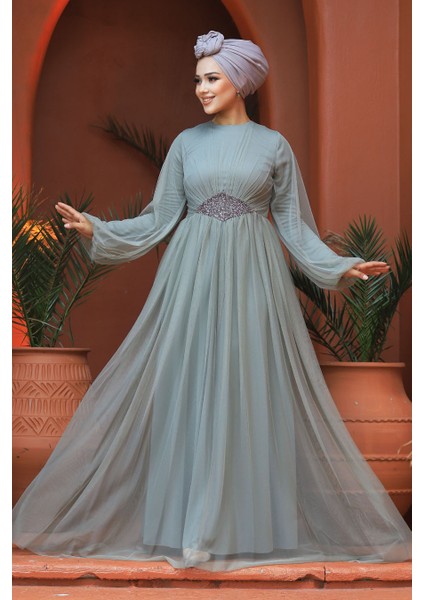 Tesettürlü Abiye Elbise - Tüllü Mint Tesettür Abiye Elbise 54230MINT