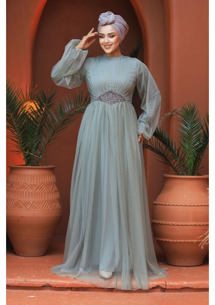 Tesettürlü Abiye Elbise - Tüllü Mint Tesettür Abiye Elbise 54230MINT fiyatları