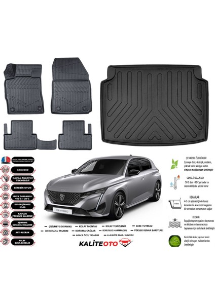 Peugeot 308 2023 Model Esnek Bagaj Havuzu Araca Özel Siyah Paspas Takımı