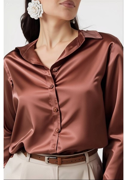Kadın Bakır Hafif Dökümlü Saten Yüzeyli Gömlek HZL22W-BD139641 fiyatları