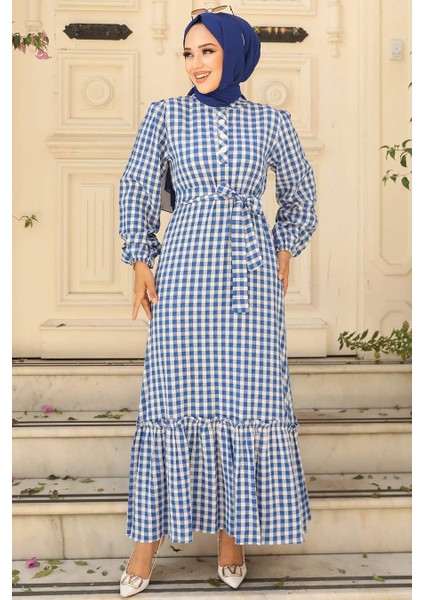 - Kareli Indigo Mavisi Tesettür Elbise 33940IM