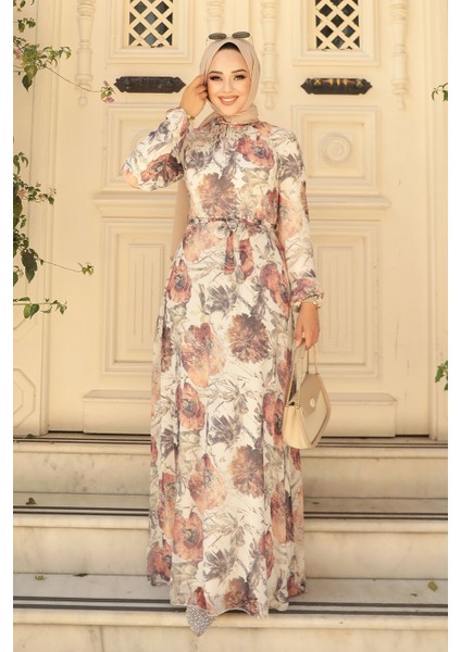 - Çiçek Desenli Ekru Tesettür Elbise 279052E