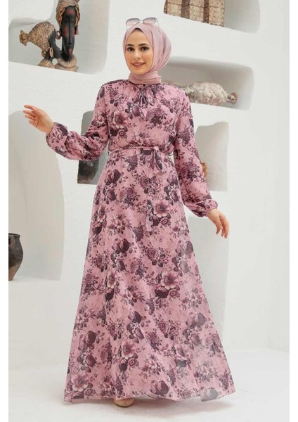 Çiçek Desenli Pudra Tesettür Elbise 279055PD