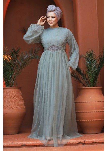 Tesettürlü Abiye Elbise - Tüllü Mint Tesettür Abiye Elbise 54230MINT modelleri