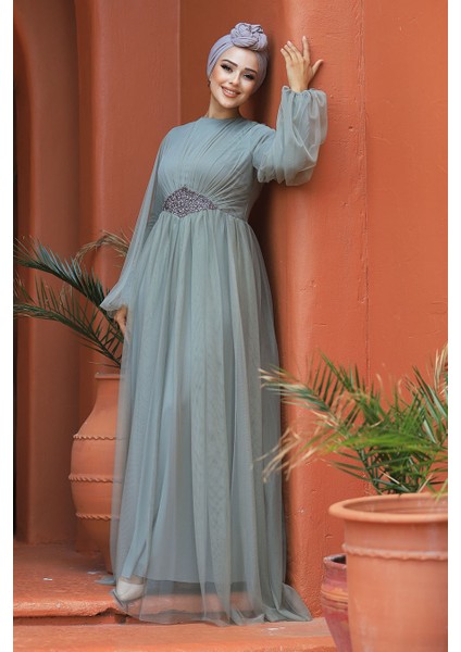 Tesettürlü Abiye Elbise - Tüllü Mint Tesettür Abiye Elbise 54230MINT fırsatları