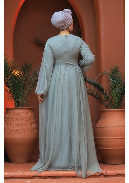 Tesettürlü Abiye Elbise - Tüllü Mint Tesettür Abiye Elbise 54230MINT indirimleri