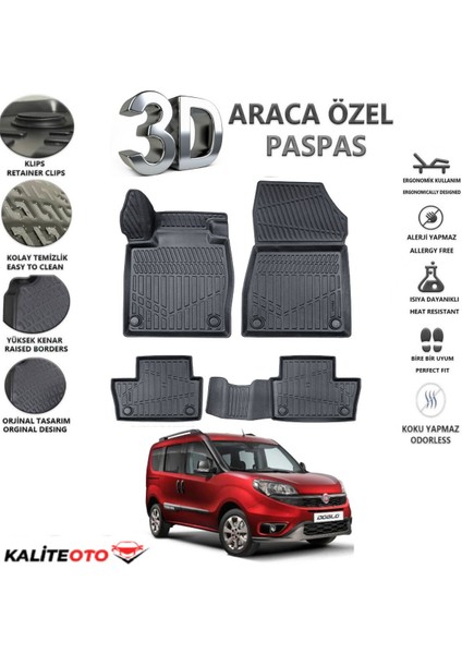 Fiat Doblo 2014 Model Tam Uyumlu Kokusuz 3D Havuzlu Paspas