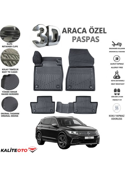 Volkswagen Tiguan Allspace 2021 Model Tam Uyumlu Kokusuz 3D Havuzlu Paspas