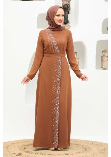 Boncuk İşlemeli Taba Tesettür Abiye Elbise 32150TB