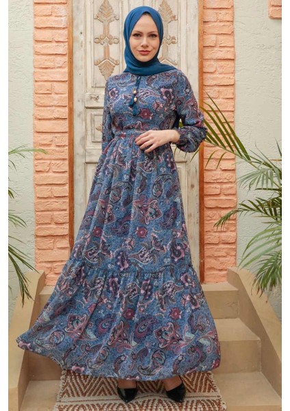 Desenli İndigo Mavisi Tesettür Elbise 3356IM