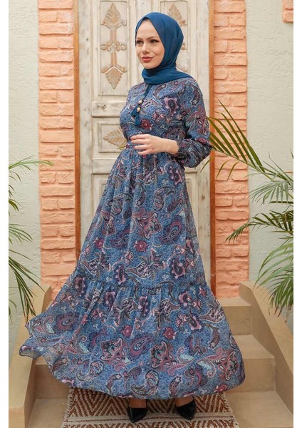 Desenli İndigo Mavisi Tesettür Elbise 3356IM fiyatları