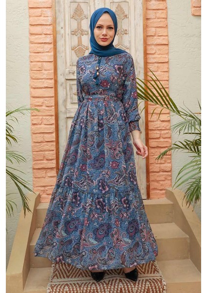 Desenli İndigo Mavisi Tesettür Elbise 3356IM modelleri