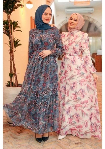 Desenli İndigo Mavisi Tesettür Elbise 3356IM indirimleri