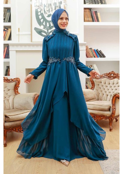 Tesettürlü Abiye Elbise - Boncuk Işlemeli Petrol Mavisi Tesettür Abiye Elbise 25807PM