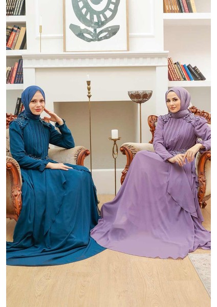 Tesettürlü Abiye Elbise - Boncuk Işlemeli Petrol Mavisi Tesettür Abiye Elbise 25807PM fiyatları