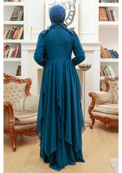 Tesettürlü Abiye Elbise - Boncuk Işlemeli Petrol Mavisi Tesettür Abiye Elbise 25807PM modelleri