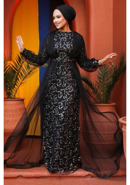 Pul Payet İşlemeli Gümüş Tesettür Abiye Elbise 56291GMS