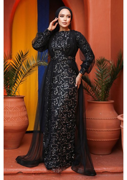 Pul Payet İşlemeli Gümüş Tesettür Abiye Elbise 56291GMS fiyatları