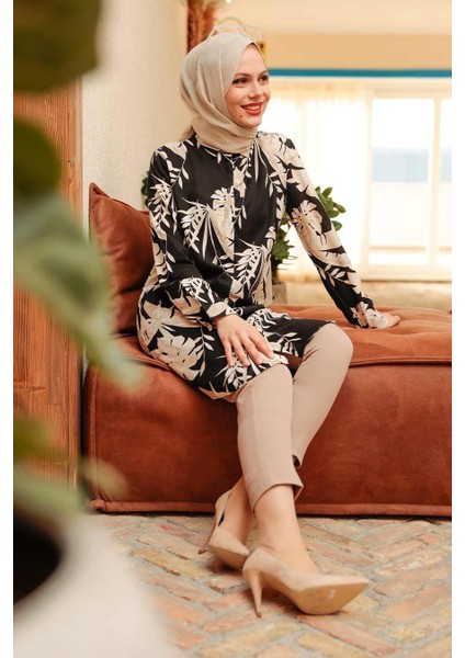 - Desenli Siyah Tesettür Viskon Tunik 11552S fiyatları