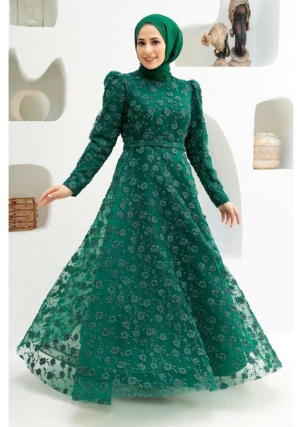 Tesettürlü Abiye Elbise - Dantelli Yeşil Tesettür Abiye Elbise 2238Y fiyatları