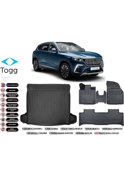 Togg T10X 2024 Model Bagaj Havuzu Araca Özel Siyah Extra Havuzlu Paspas Takımı