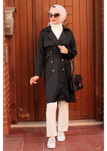 Neva Style - Düğmeli Siyah Tesettür Trençkot 263S