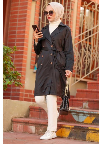 Neva Style - Düğmeli Siyah Tesettür Trençkot 263S fiyatları