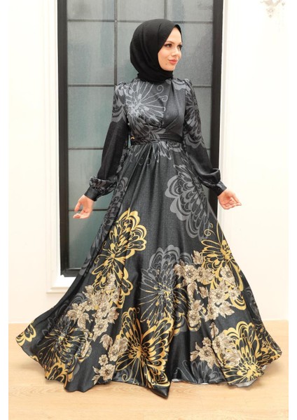 Tesettürlü Abiye Elbise - Desenli Saten Siyah Tesettür Abiye Elbise 3432S