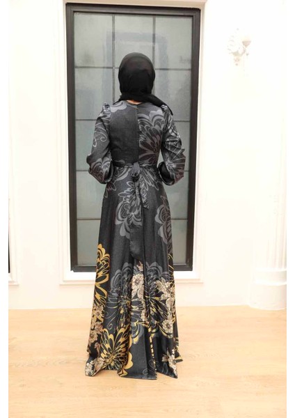 Tesettürlü Abiye Elbise - Desenli Saten Siyah Tesettür Abiye Elbise 3432S fiyatları