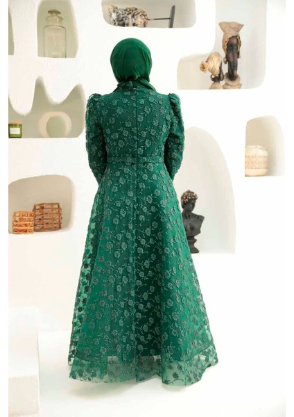 Tesettürlü Abiye Elbise - Dantelli Yeşil Tesettür Abiye Elbise 2238Y modelleri