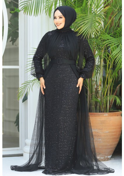 Tesettürlü Abiye Elbise - Pul Payetli Siyah Tesettür Abiye Elbise 5441S fiyatları