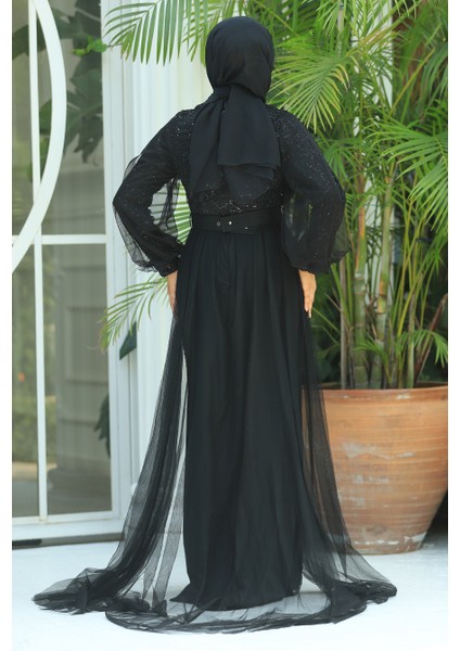 Tesettürlü Abiye Elbise - Pul Payetli Siyah Tesettür Abiye Elbise 5441S modelleri