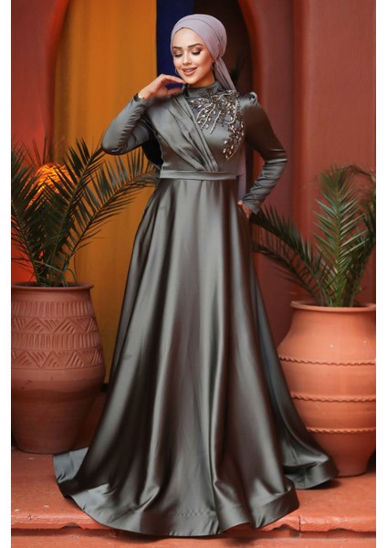 Tesettürlü Abiye Elbise - Boncuk Işlemeli Haki Tesettür Abiye Elbise 22441HK