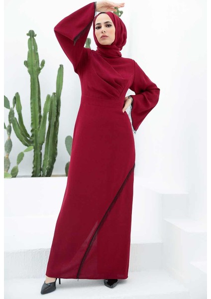 Tesettürlü Abiye Elbise - Püskül Detaylı Bordo Tesettür Abiye Elbise 33150BR