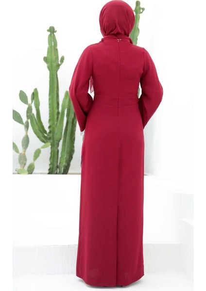 Tesettürlü Abiye Elbise - Püskül Detaylı Bordo Tesettür Abiye Elbise 33150BR fiyatları